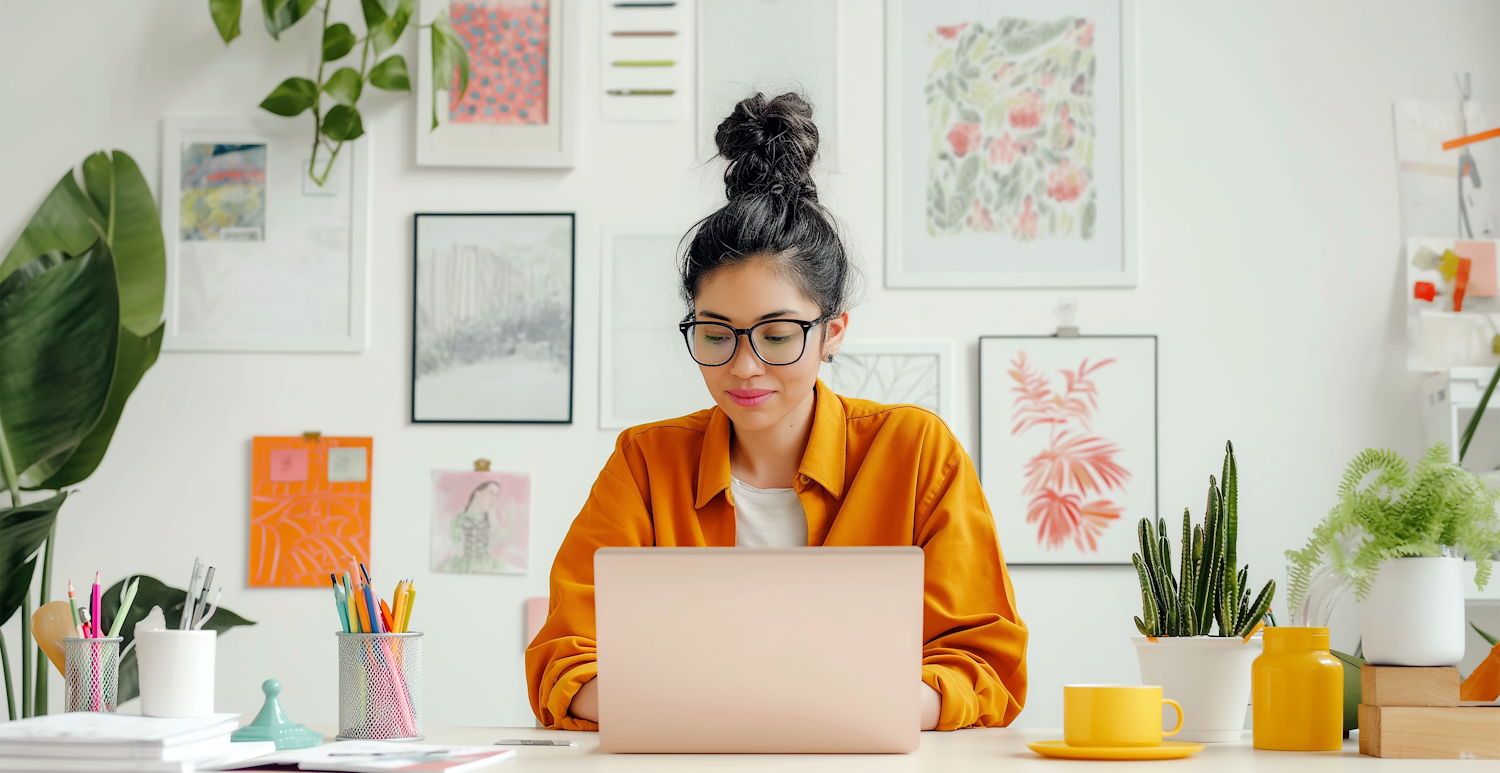 A freelancer working on a laptop at a bright desk surrounded by plants