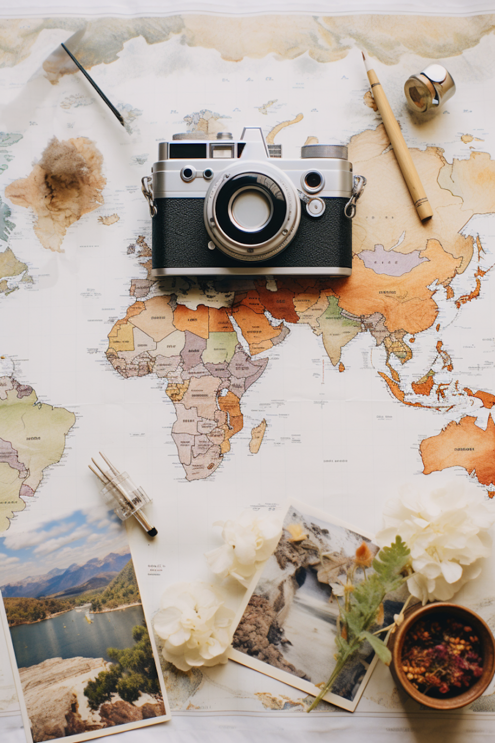 A vintage camera resting on a colourful world map surrounded by travel photos and flowers